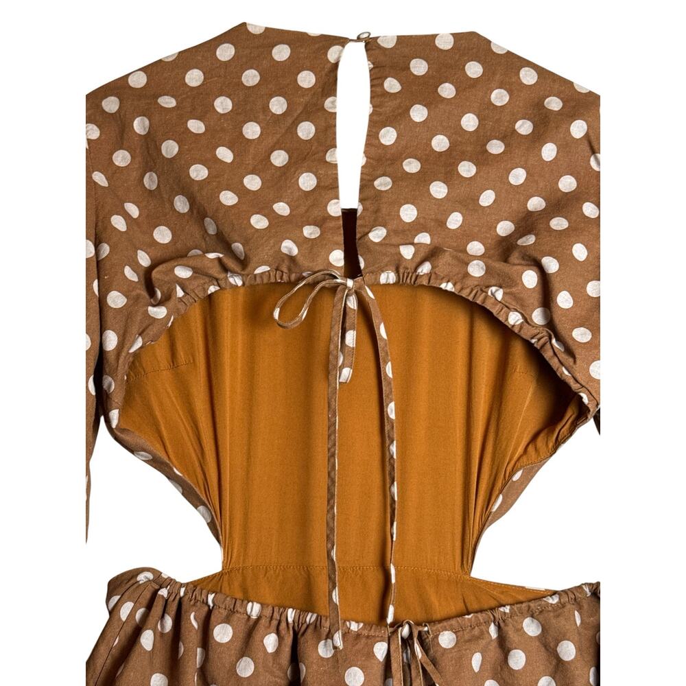 Charlie Holiday Halcyon Polka Dot Open Back Mini Dress Brown Linen Blend Size 10 - Picture 7 of 9